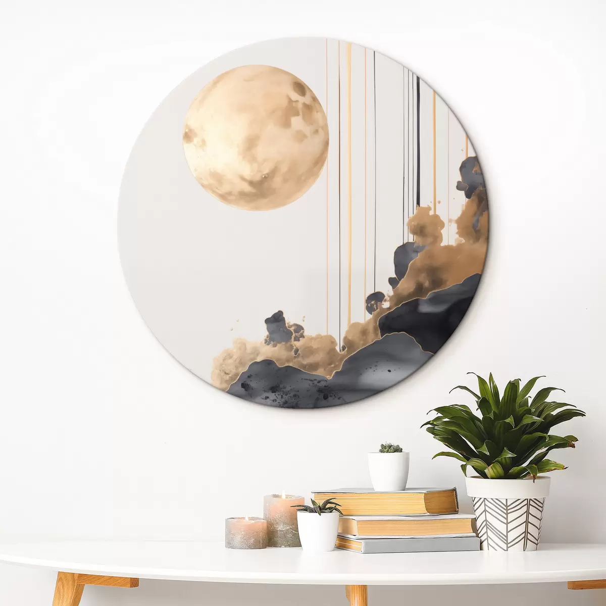 Ronde schilderijen Een volle maan met zwarte en gestructureerde gele wolken, verticale lijnen, abstracte stijl, minimalistisch en modern r46707