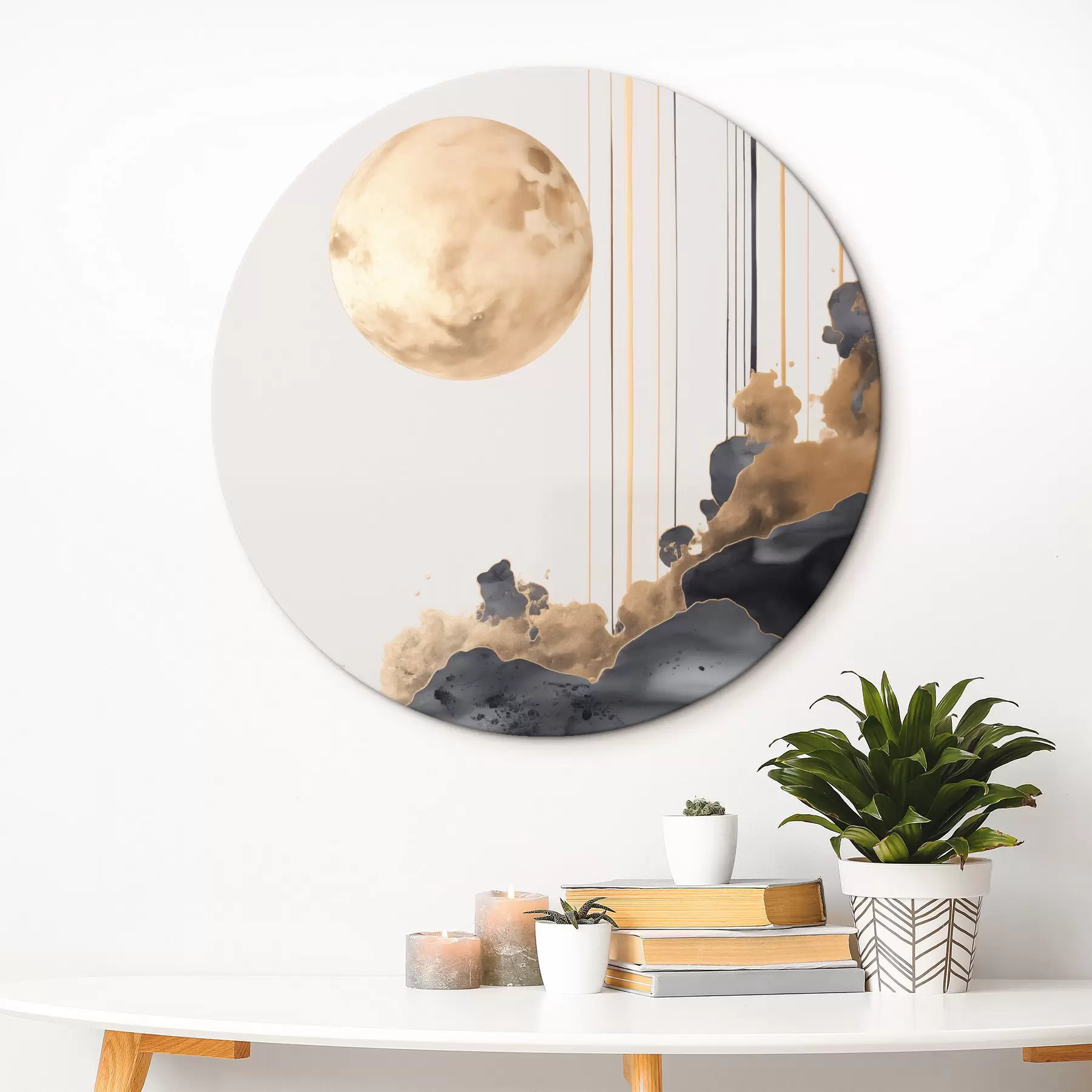  Schilderijen Een volle maan met zwarte en gestructureerde gele wolken, verticale lijnen, abstracte stijl, minimalistisch en modern r46707