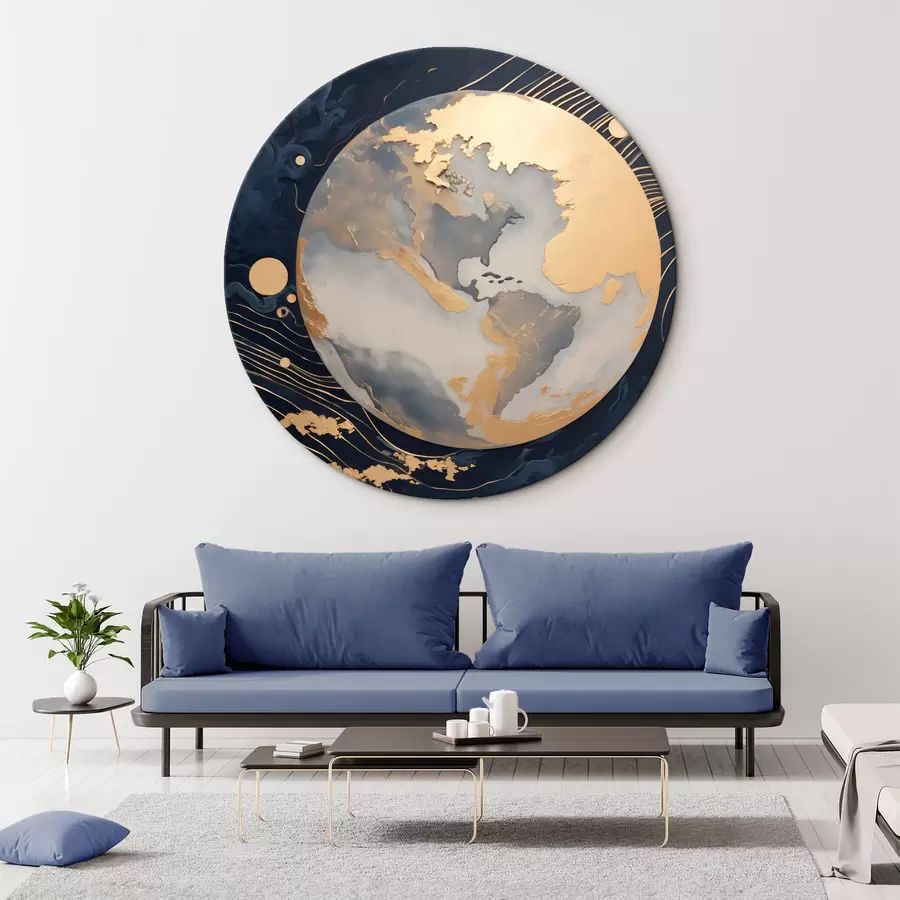  Schilderijen Getextureerde decoratieve planeet met gele lijnen op de achtergrond, gele stippen op de achtergrond, donkere achtergrond r46708