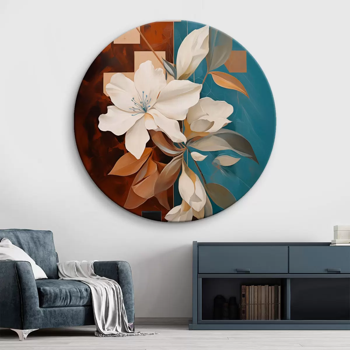 Ronde schilderijen Abstracte witte bloemen en bladeren tegen een achtergrond van bruin en blauw met abstracte vormen, in een minimalistische stijl r46709