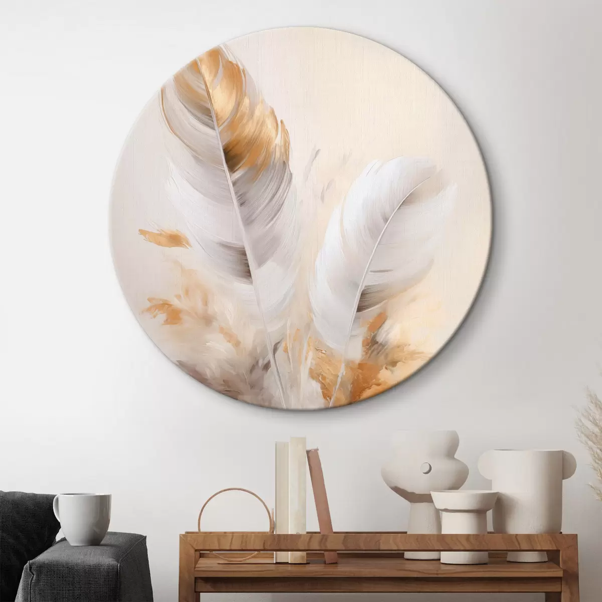Ronde schilderijen Abstracte veren, omgeven door beige en bruine pluimen, zacht en delicaat, op een lichtbeige achtergrond r46711