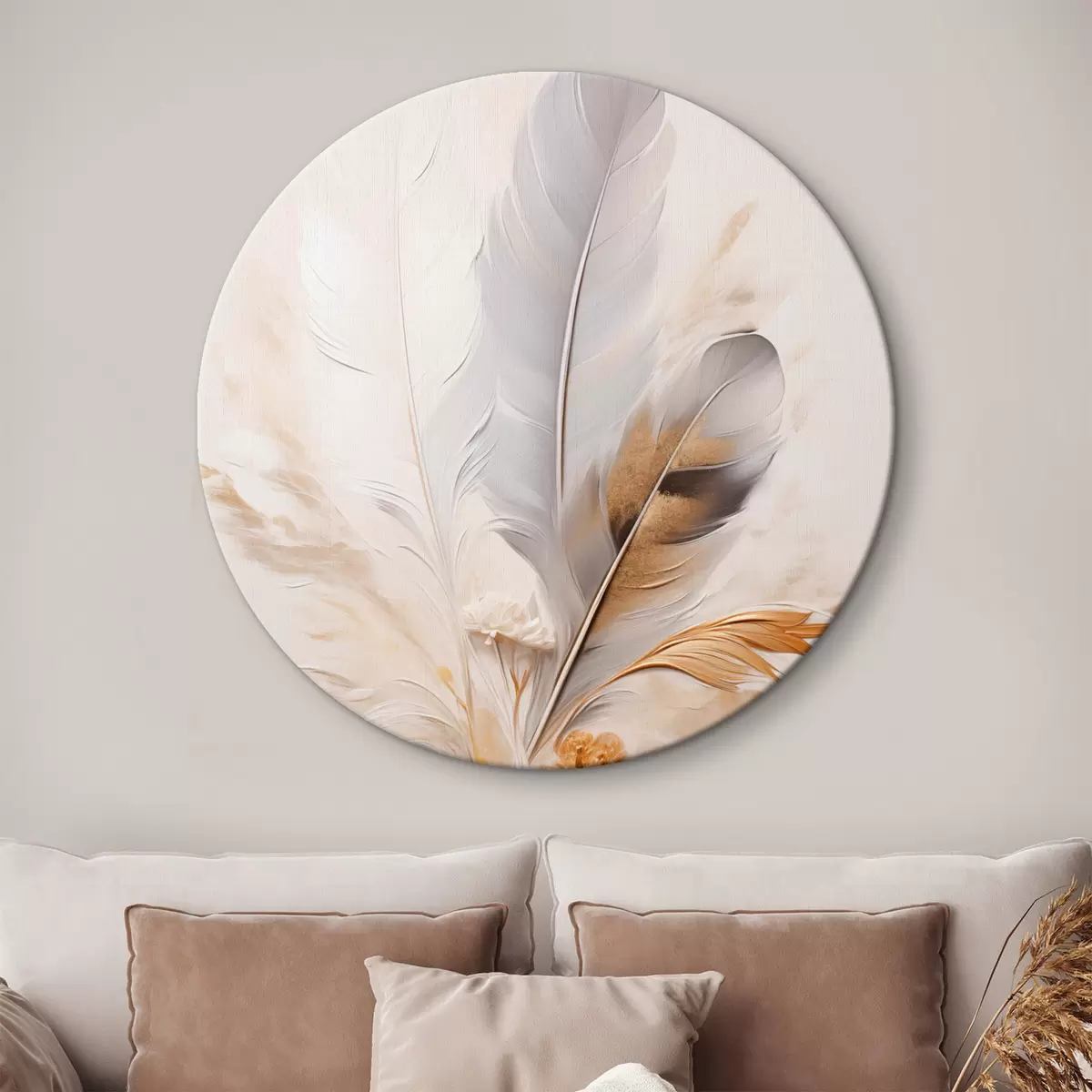 Ronde schilderijen Abstracte veren, omgeven door beige en bruine pluimen, zacht en delicaat, op een lichtbeige achtergrond r46712