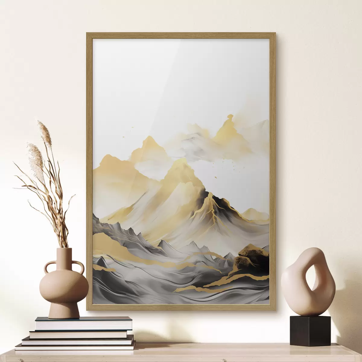 Poster Getextureerde gele en zwarte bergen met besneeuwde toppen, inktwasstijl, minimalistische bergketen f46684