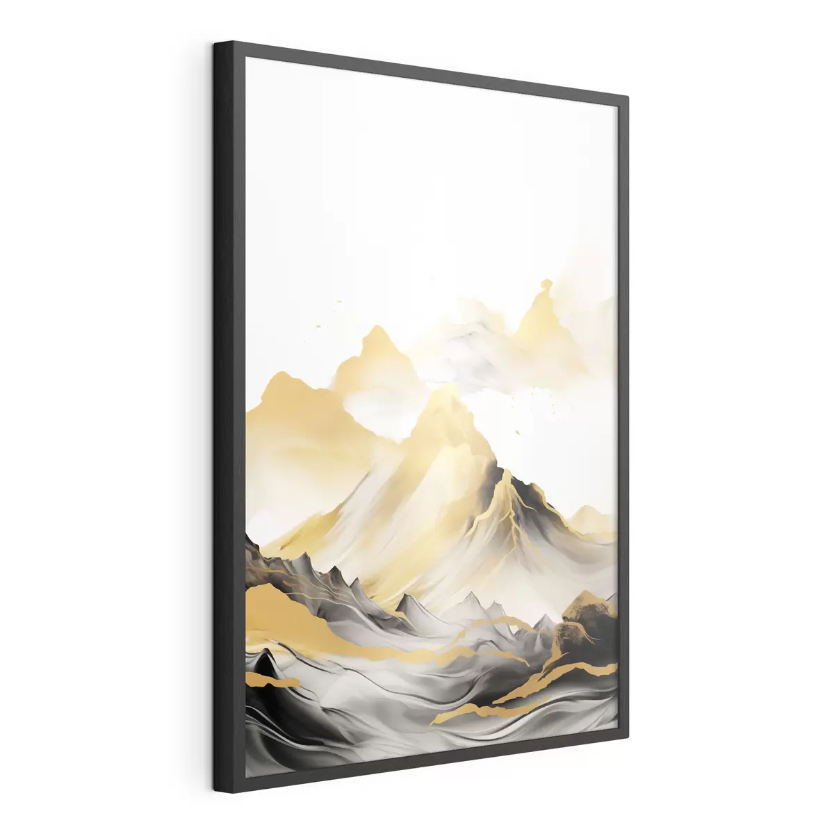 Poster Getextureerde gele en zwarte bergen met besneeuwde toppen, inktwasstijl, minimalistische bergketen f46684
