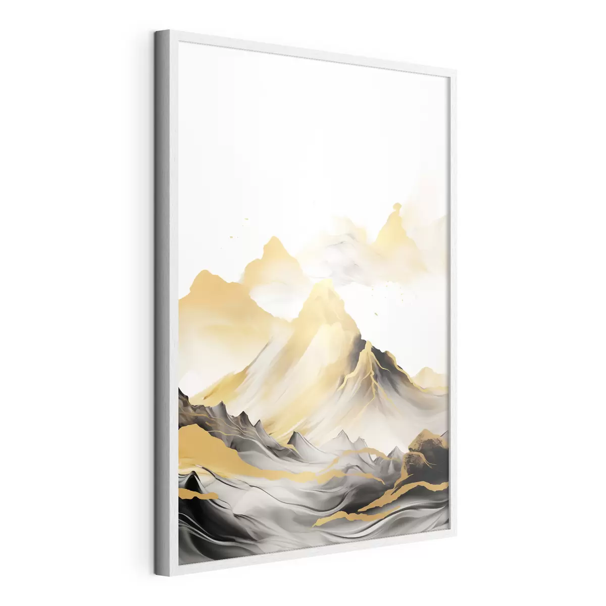 Poster Getextureerde gele en zwarte bergen met besneeuwde toppen, inktwasstijl, minimalistische bergketen f46684