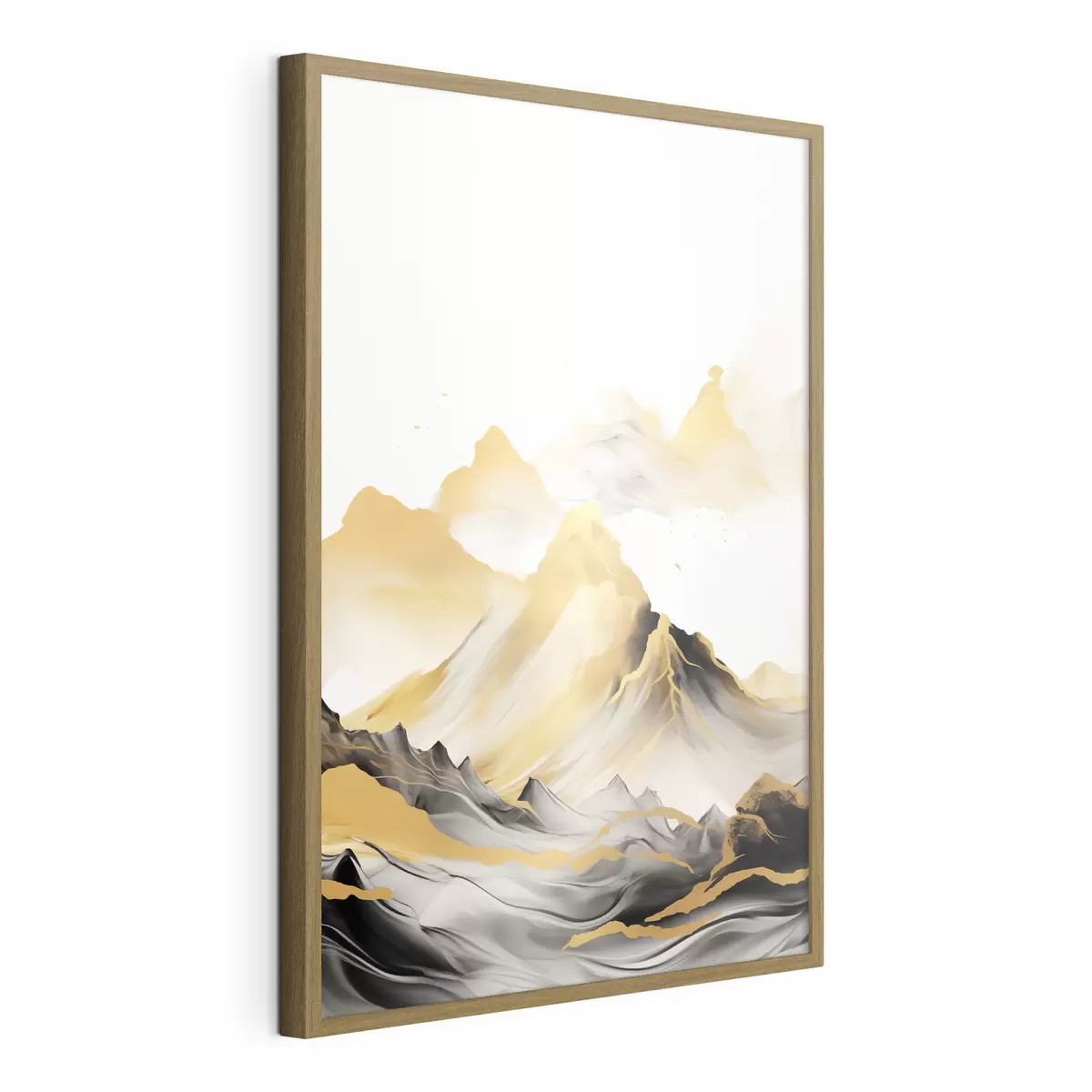 Poster Getextureerde gele en zwarte bergen met besneeuwde toppen, inktwasstijl, minimalistische bergketen f46684