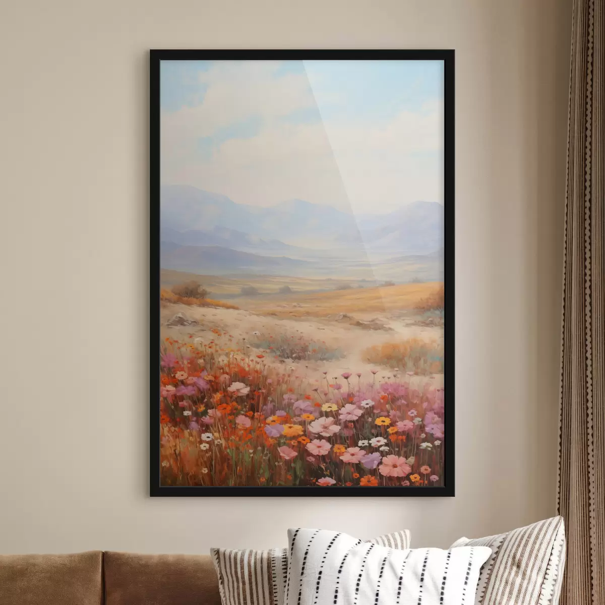 Poster Landschap, een veld met kleurrijke bloemen en bergen op de achtergrond, zachte pastelkleuren f46685