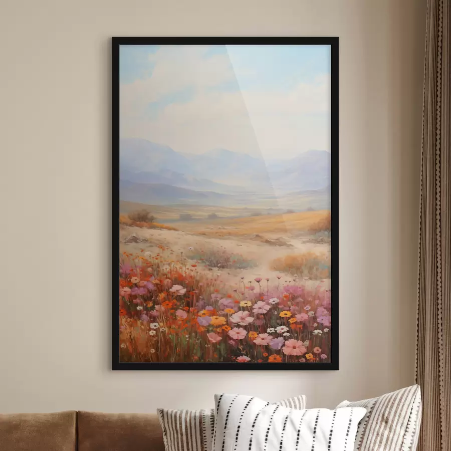 Fotobehang Landschap, een veld met kleurrijke bloemen en bergen op de achtergrond, zachte pastelkleuren f46685