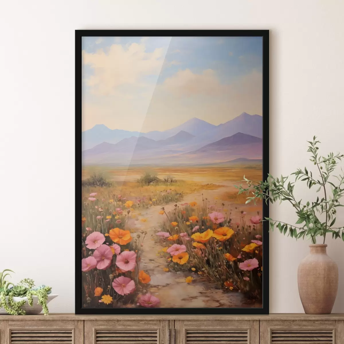 Poster Landschap, een veld met kleurrijke bloemen en bergen op de achtergrond, zachte pastelkleuren f46686