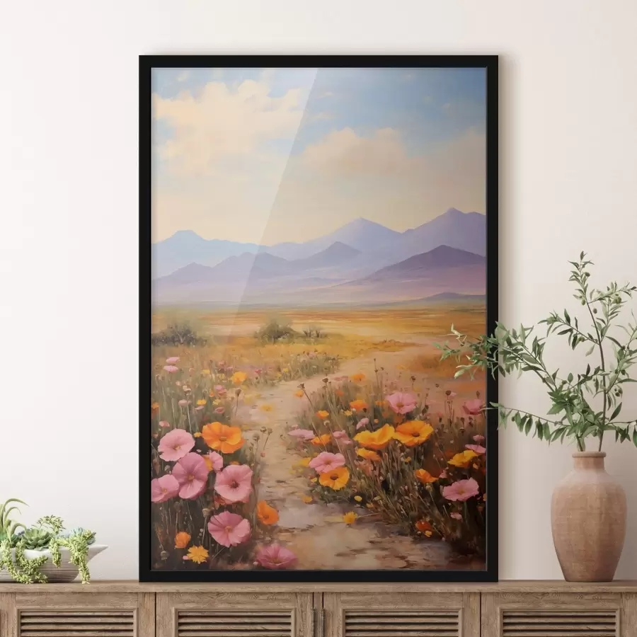 Fotobehang Landschap, een veld met kleurrijke bloemen en bergen op de achtergrond, zachte pastelkleuren f46686