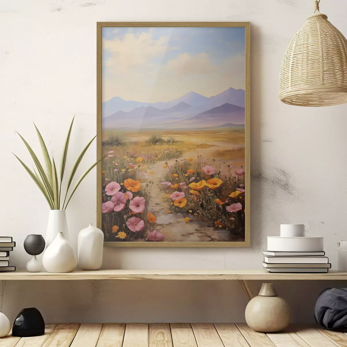 Poster Landschap, een veld met kleurrijke bloemen en bergen op de achtergrond, zachte pastelkleuren f46686