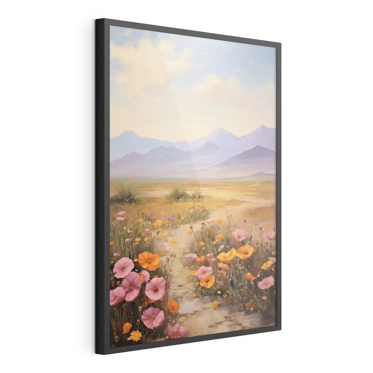Poster Landschap, een veld met kleurrijke bloemen en bergen op de achtergrond, zachte pastelkleuren f46686