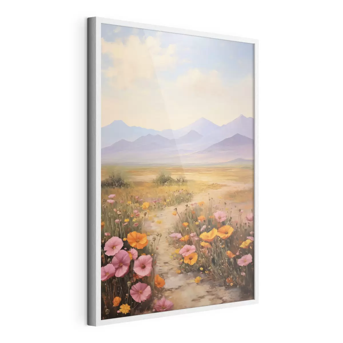 Poster Landschap, een veld met kleurrijke bloemen en bergen op de achtergrond, zachte pastelkleuren f46686