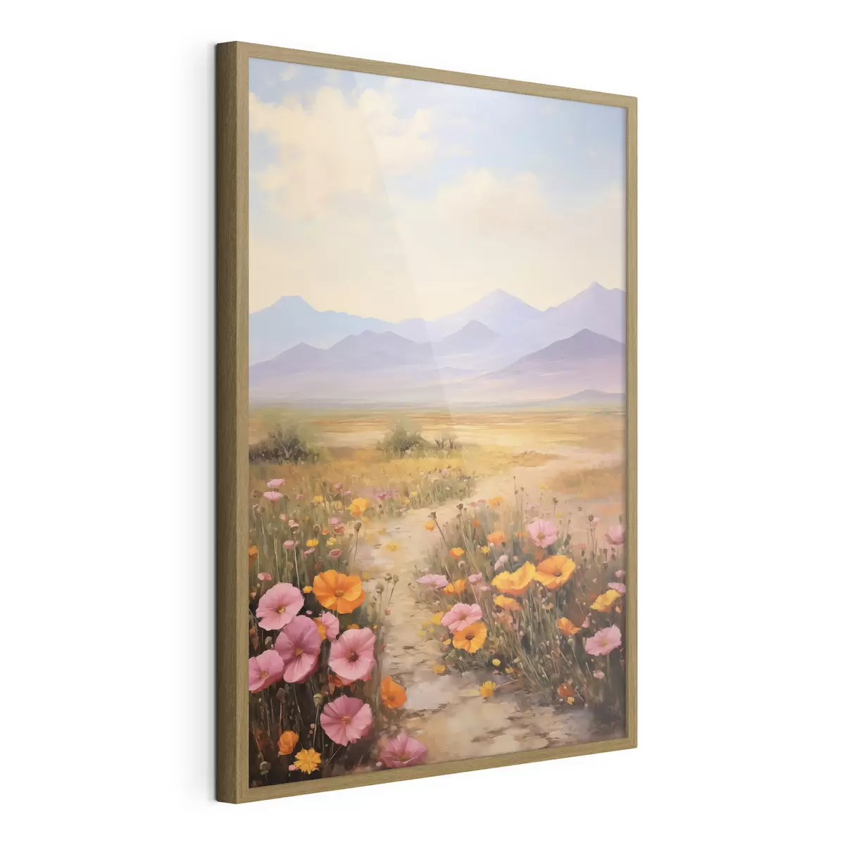 Poster Landschap, een veld met kleurrijke bloemen en bergen op de achtergrond, zachte pastelkleuren f46686