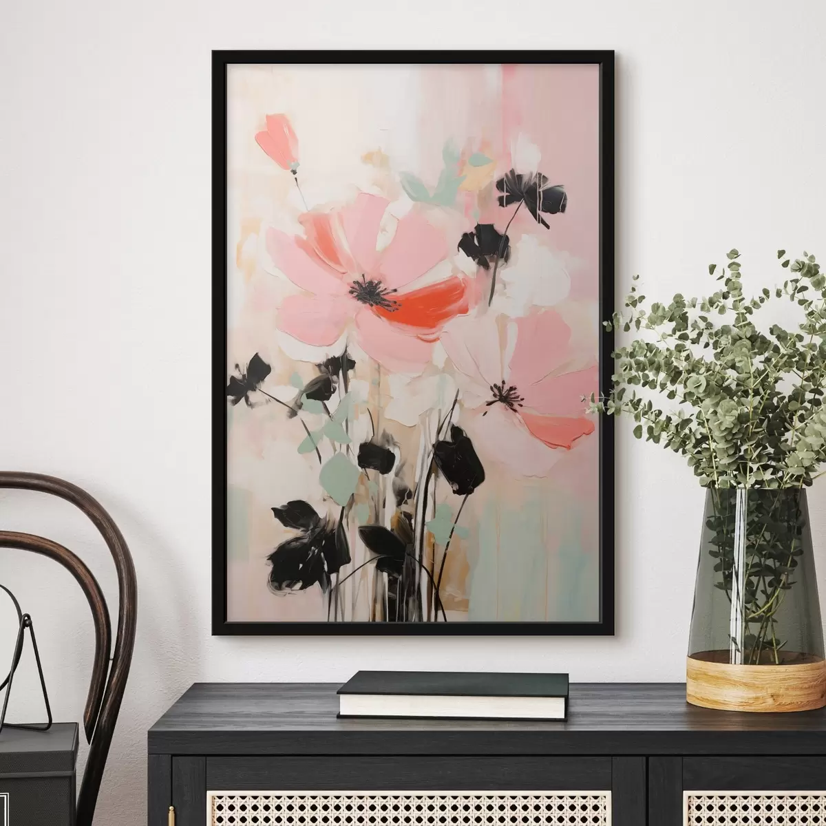 Poster Roze en zwarte bloemen met bladeren, zachte pastelkleuren, abstract bloemstuk, minimalistische kunst f46687