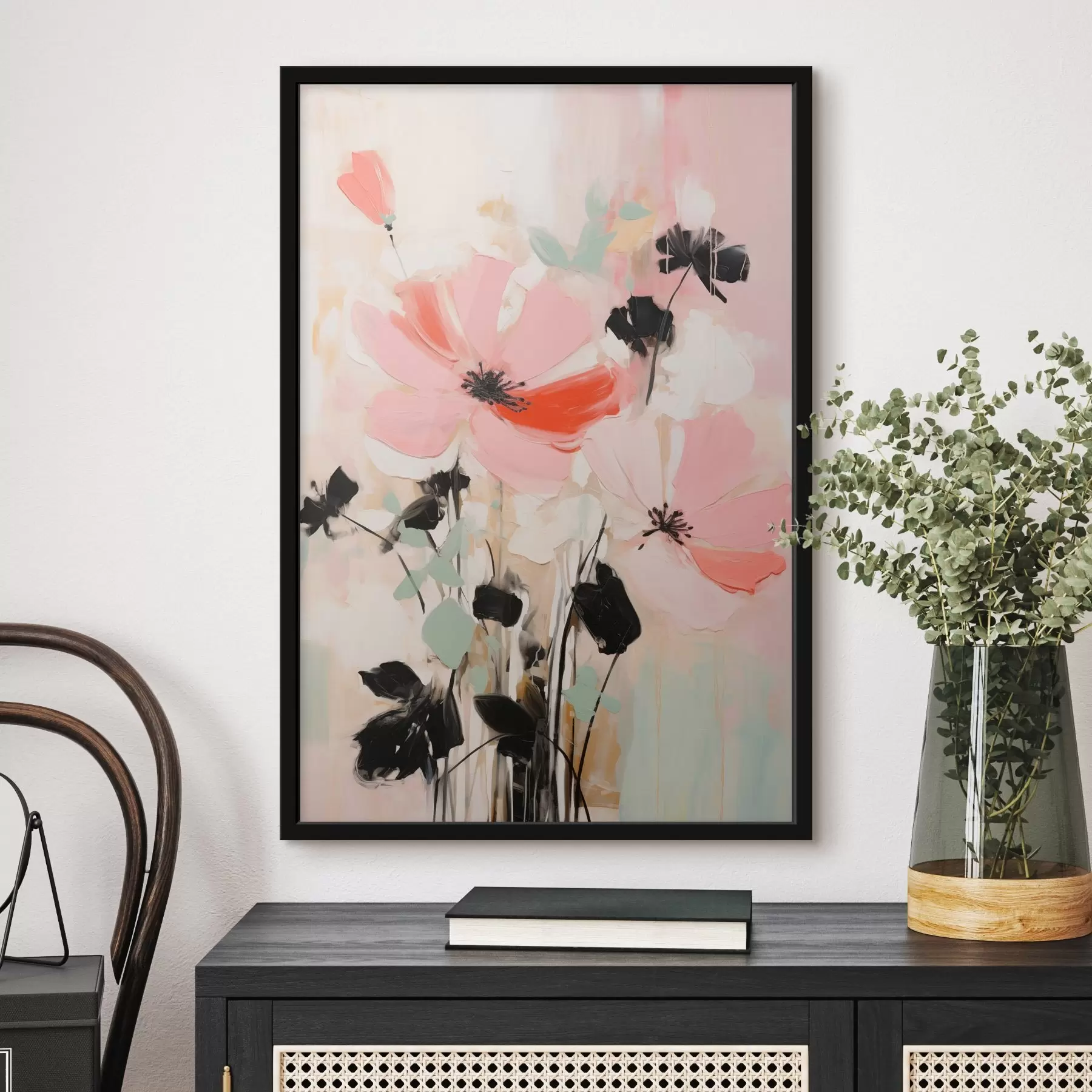 Fotobehang Roze en zwarte bloemen met bladeren, zachte pastelkleuren, abstract bloemstuk, minimalistische kunst f46687