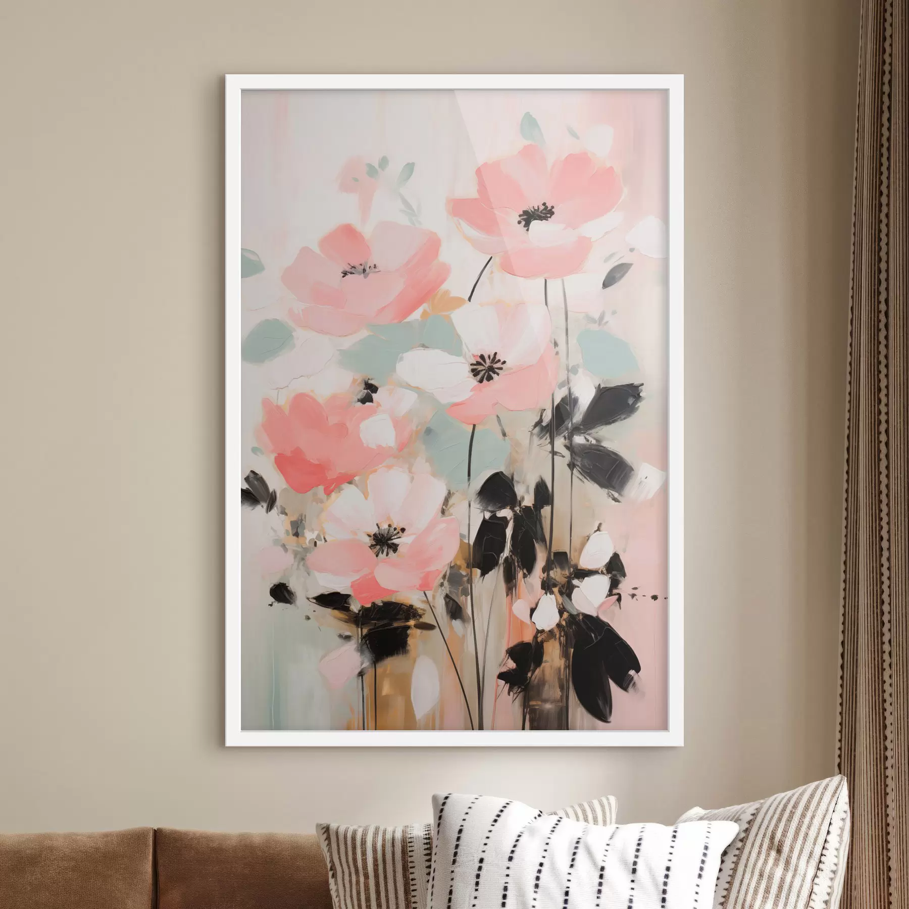 Fotobehang Roze en zwarte bloemen met bladeren, zachte pastelkleuren, abstract bloemstuk, minimalistische kunst f46688