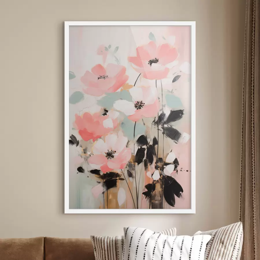Fotobehang Roze en zwarte bloemen met bladeren, zachte pastelkleuren, abstract bloemstuk, minimalistische kunst f46688