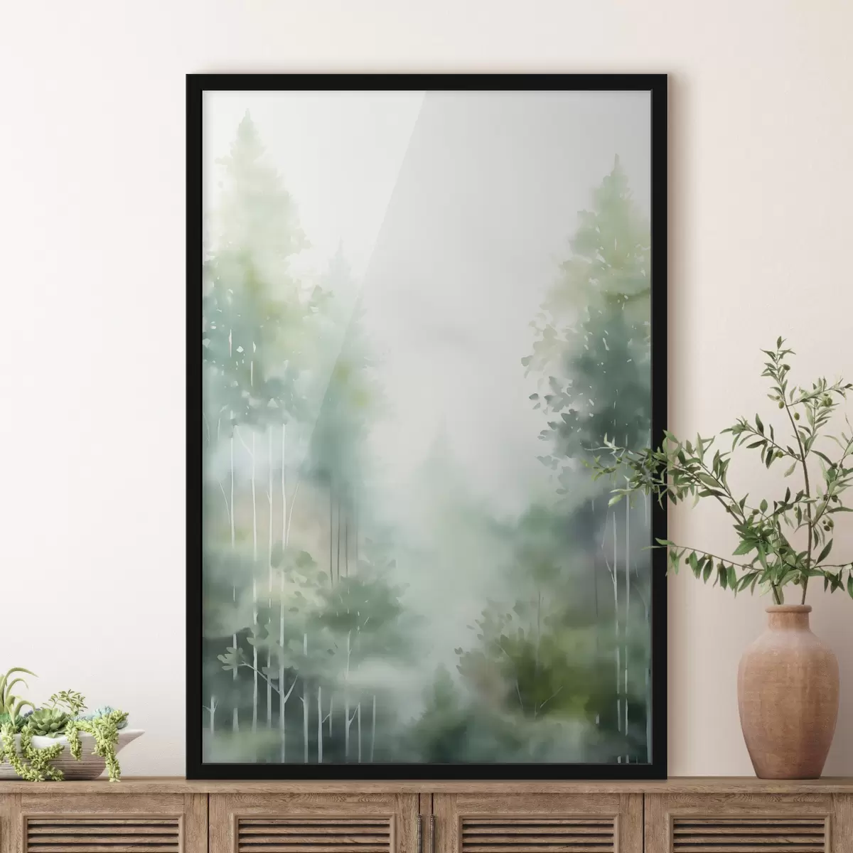 Poster Aquarelschilderij imitatie van abstract bos met hoge bomen en groen gebladerte, zachte gedempte kleuren f46689
