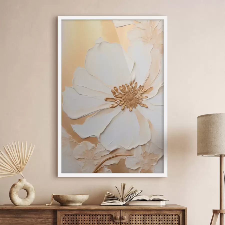 Fotobehang Witte bloem met delicate bloemblaadjes met dikke penseelstreken imitatie, op een lichtoranje gestructureerde achtergrond f46691