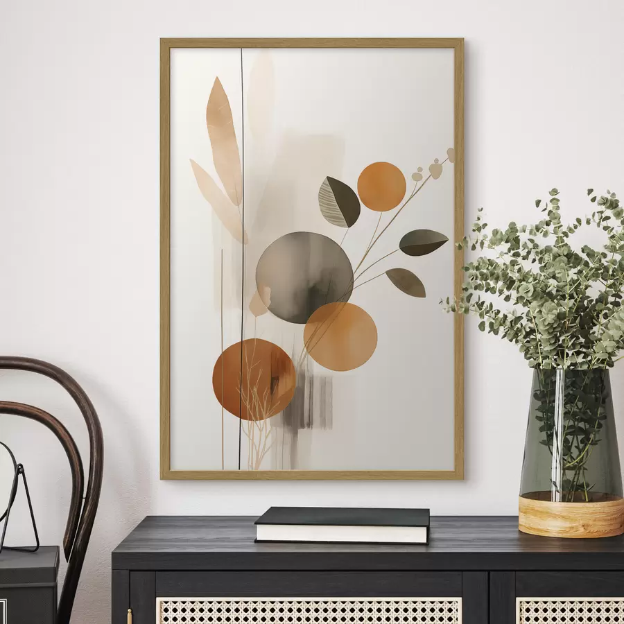 Fotobehang Abstracte schilderijimitatie met oranje en grijze cirkels, bladeren en takken, moderne stijl, aquareleffect f46697
