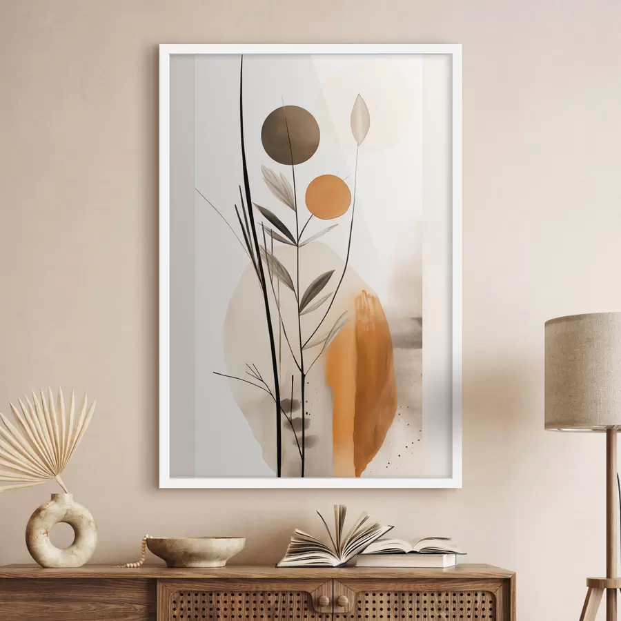 Fotobehang Abstracte schilderijimitatie met oranje en grijze cirkels, bladeren en takken, moderne stijl, aquareleffect f46698