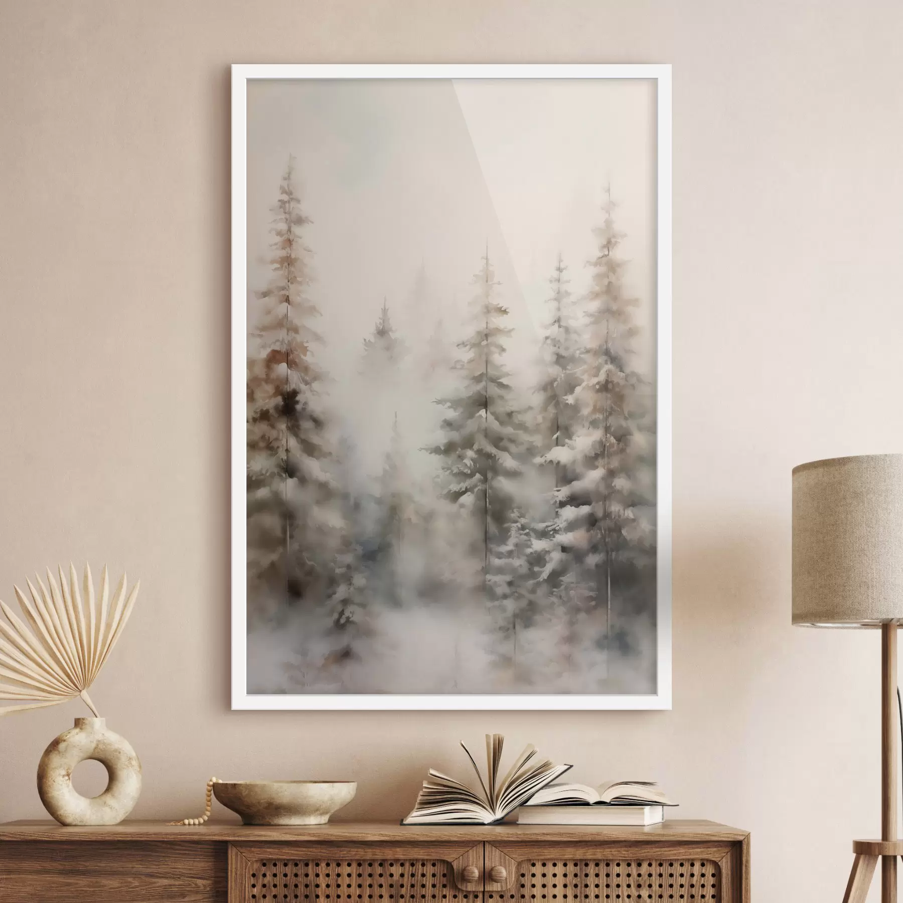 Fotobehang Hoge dennenbomen bedekt met sneeuw, staande in een mistig bos, een zacht, gedempt winters tafereel f46701