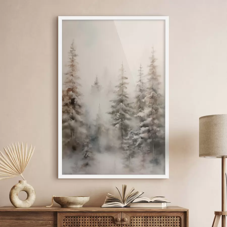 Fotobehang Hoge dennenbomen bedekt met sneeuw, staande in een mistig bos, een zacht, gedempt winters tafereel f46701