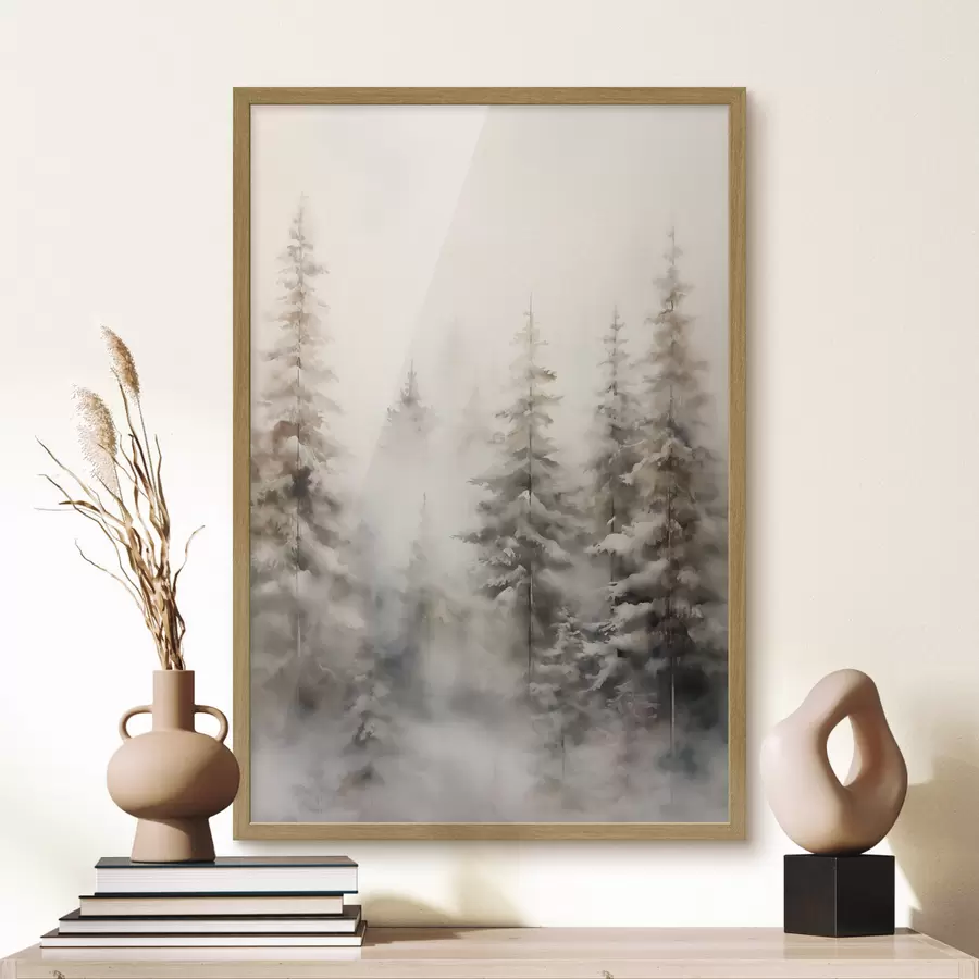 Fotobehang Hoge dennenbomen bedekt met sneeuw, staande in een mistig bos, een zacht, gedempt winters tafereel f46701