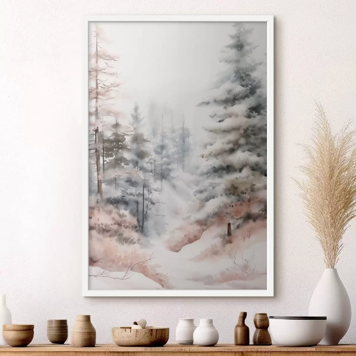 Poster Hoge dennenbomen bedekt met sneeuw, staande in een mistig bos, een zacht, gedempt winters tafereel f46702