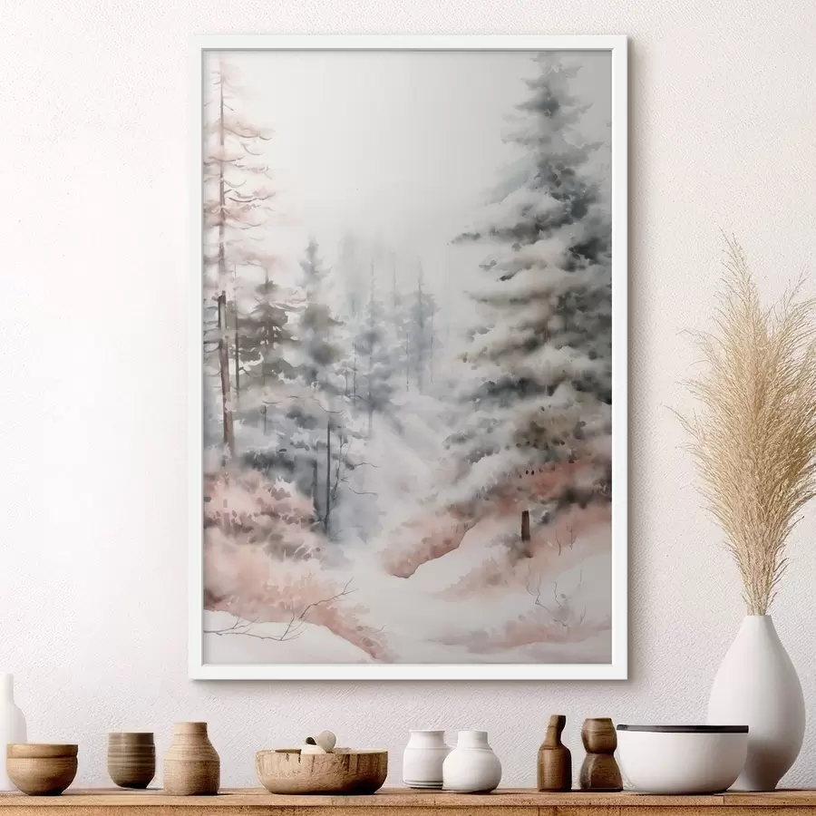 Fotobehang Hoge dennenbomen bedekt met sneeuw, staande in een mistig bos, een zacht, gedempt winters tafereel f46702