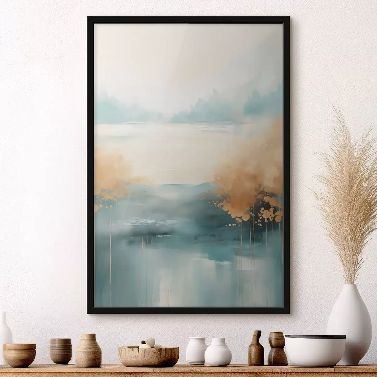 Poster Abstract landschap met bergen en meer in blauwgroen en gestructureerd geel, zachte penseelstreken, minimalistisch kunstwerk f46704
