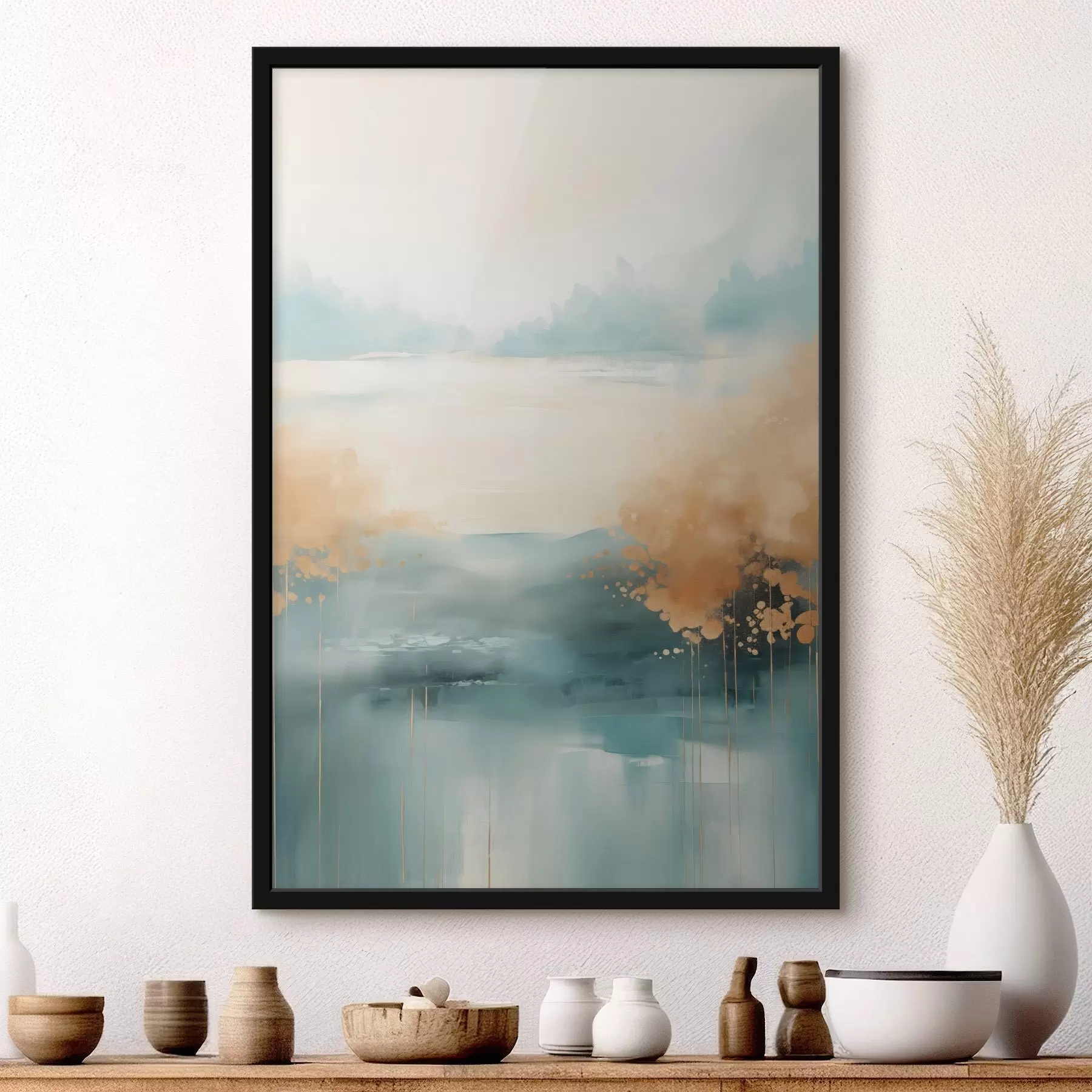 Fotobehang Abstract landschap met bergen en meer in blauwgroen en gestructureerd geel, zachte penseelstreken, minimalistisch kunstwerk f46704