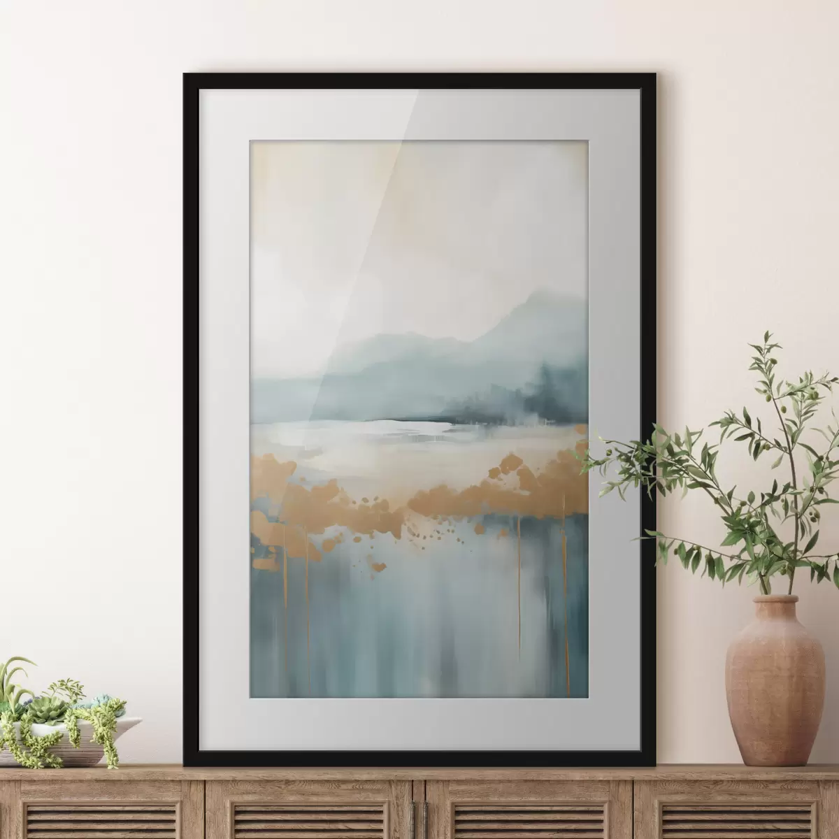 Poster Abstract landschap met bergen en meer in blauwgroen en gestructureerd geel, zachte penseelstreken, minimalistisch kunstwerk f46703