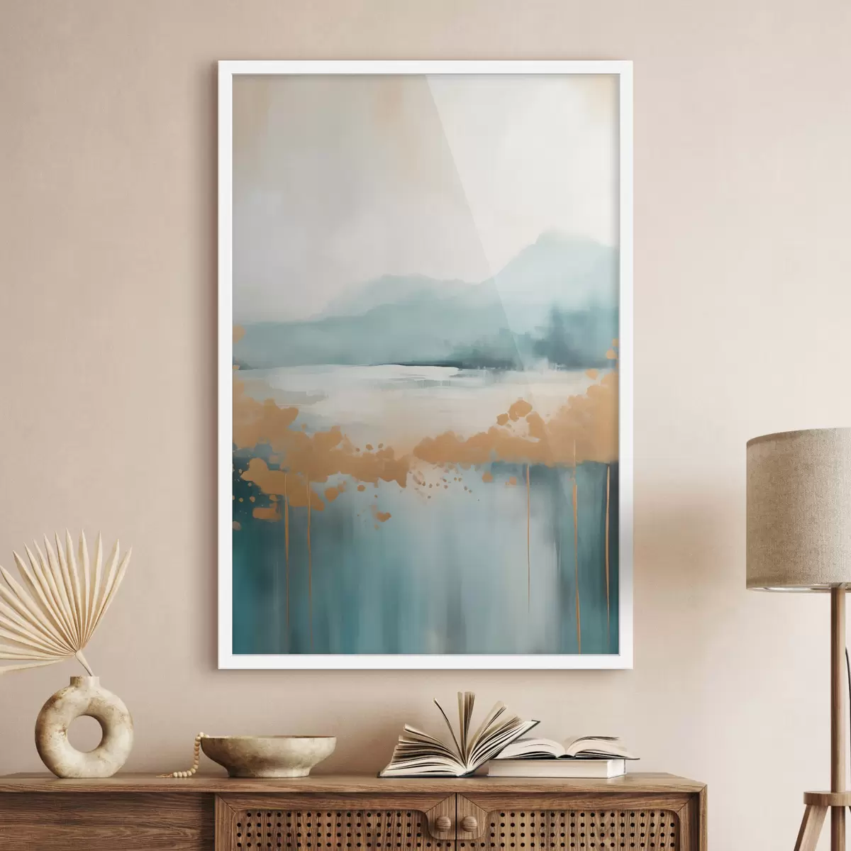 Poster Abstract landschap met bergen en meer in blauwgroen en gestructureerd geel, zachte penseelstreken, minimalistisch kunstwerk f46703