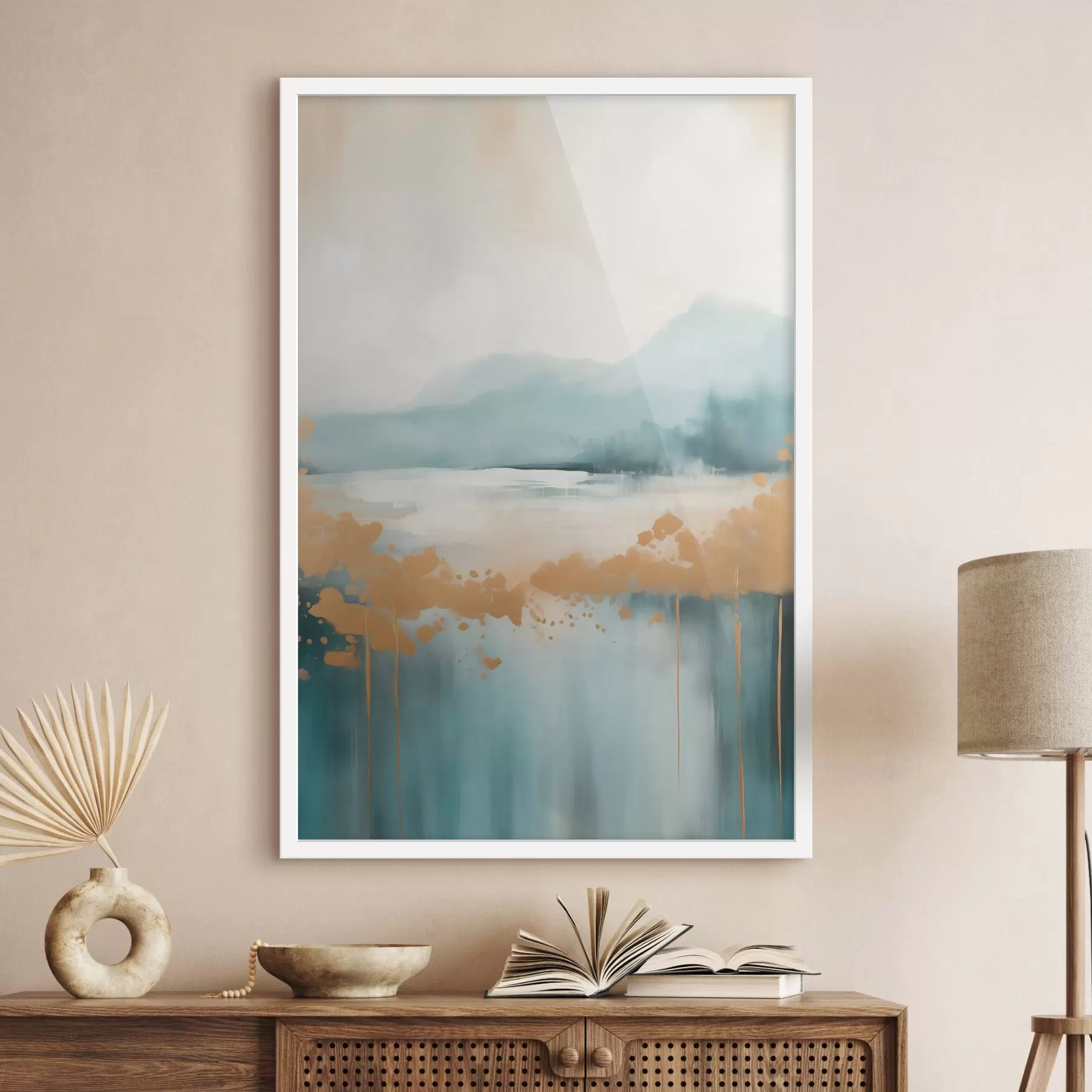 Fotobehang Abstract landschap met bergen en meer in blauwgroen en gestructureerd geel, zachte penseelstreken, minimalistisch kunstwerk f46703