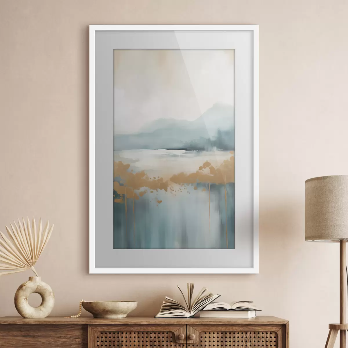 Poster Abstract landschap met bergen en meer in blauwgroen en gestructureerd geel, zachte penseelstreken, minimalistisch kunstwerk f46703