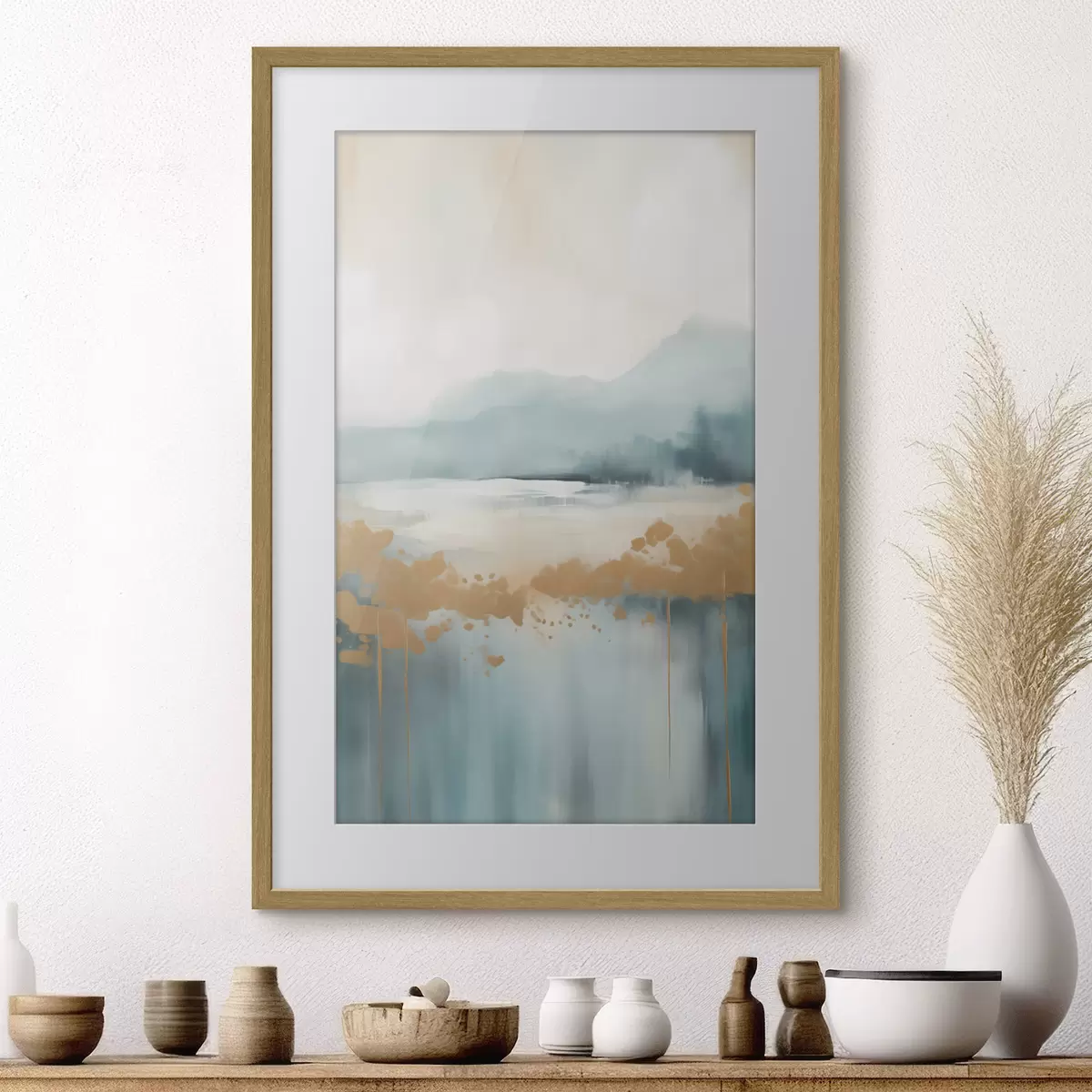 Poster Abstract landschap met bergen en meer in blauwgroen en gestructureerd geel, zachte penseelstreken, minimalistisch kunstwerk f46703