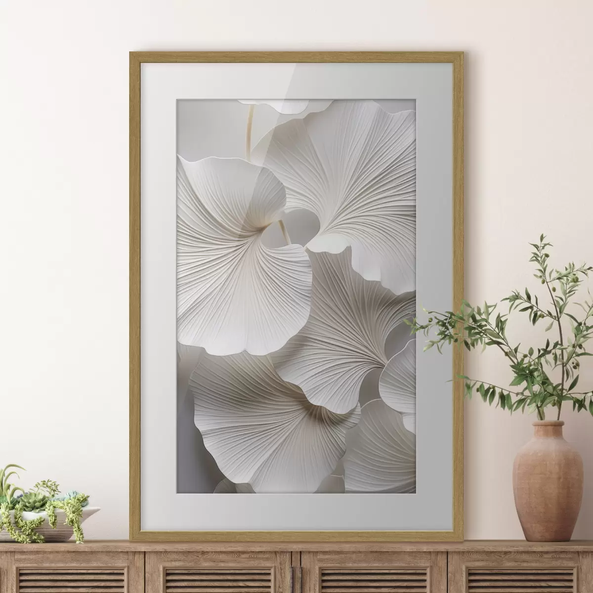 Poster Witte ginkgo biloba-bladeren met gedetailleerde nerven, zachte verlichting, elegant en minimalistisch ontwerp met textuur f46705