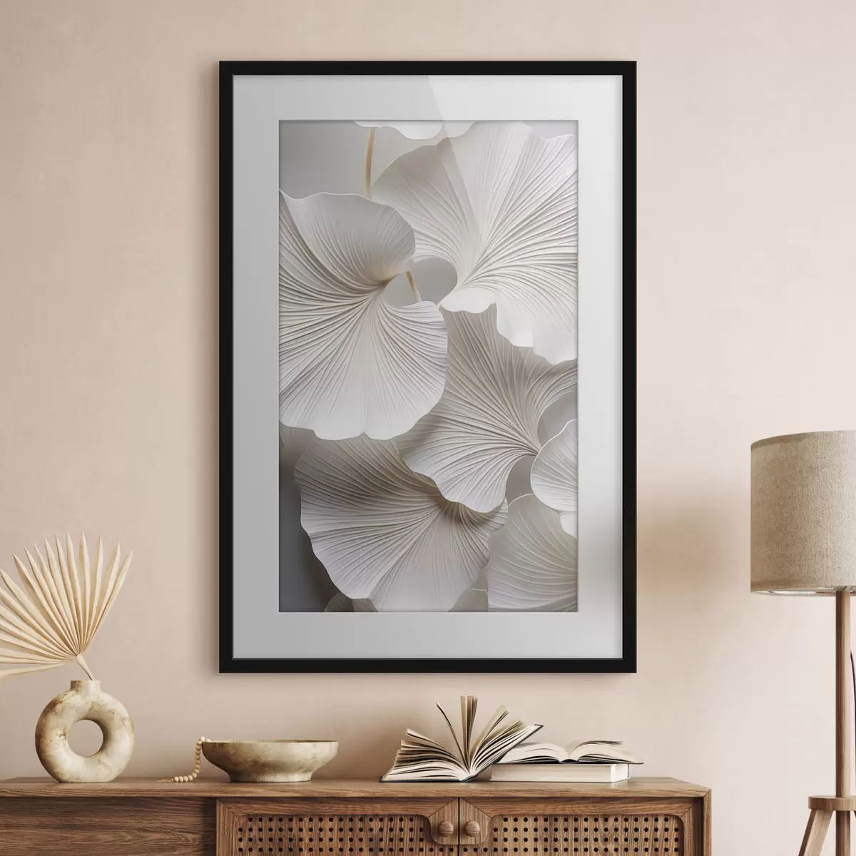 Poster Witte ginkgo biloba-bladeren met gedetailleerde nerven, zachte verlichting, elegant en minimalistisch ontwerp met textuur f46705