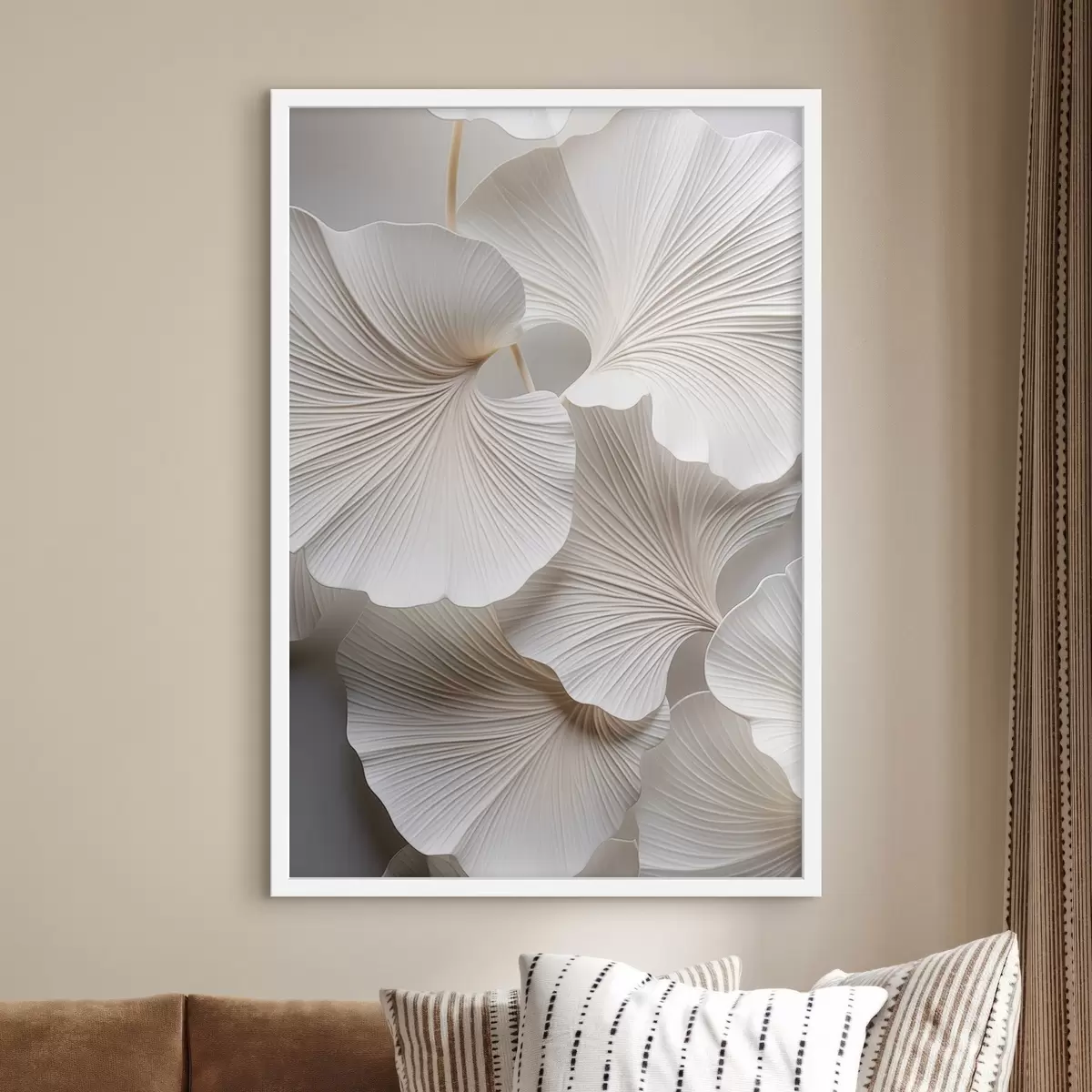 Poster Witte ginkgo biloba-bladeren met gedetailleerde nerven, zachte verlichting, elegant en minimalistisch ontwerp met textuur f46705