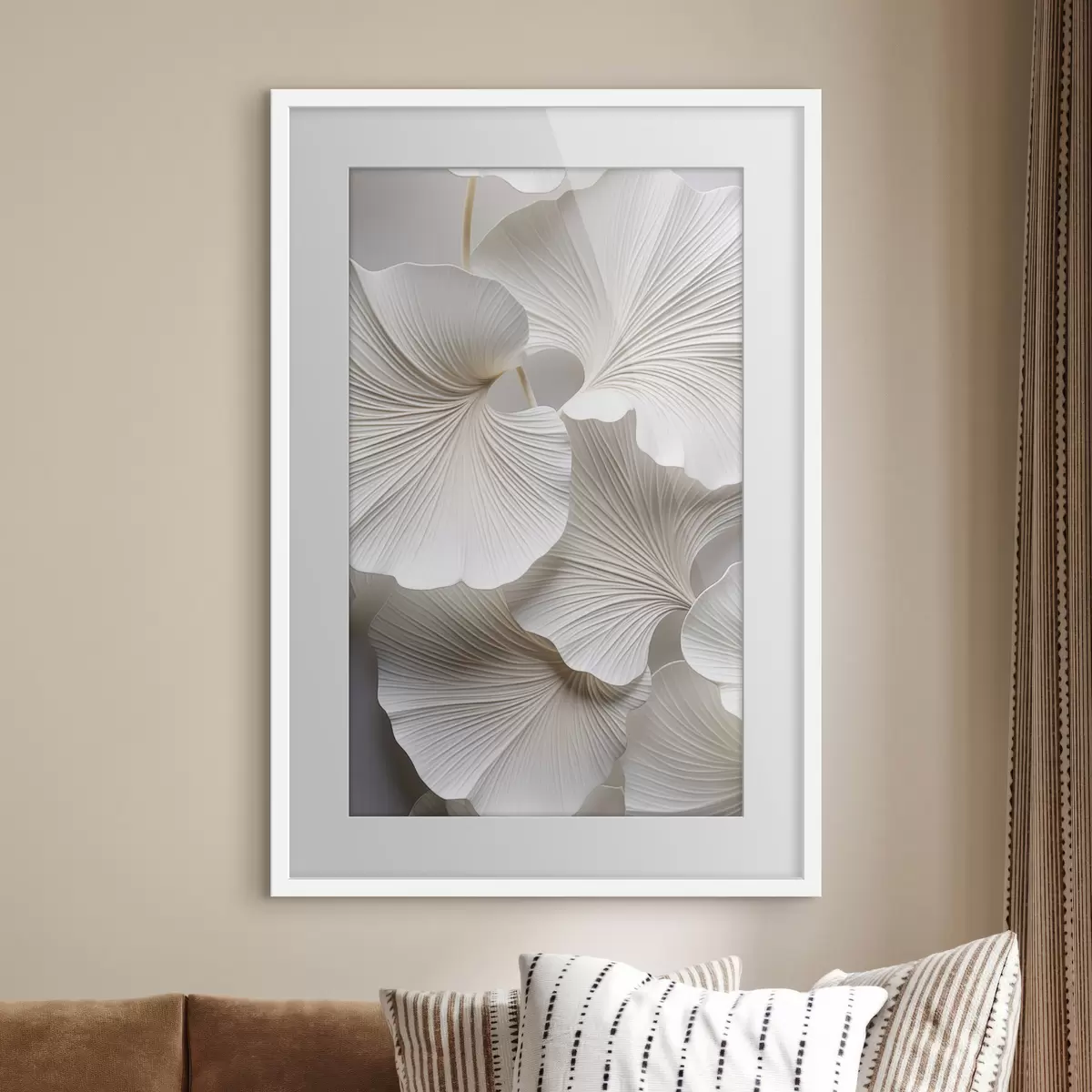 Poster Witte ginkgo biloba-bladeren met gedetailleerde nerven, zachte verlichting, elegant en minimalistisch ontwerp met textuur f46705