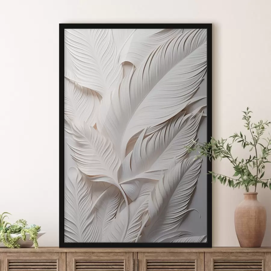 Fotobehang Witte bladeren met gedetailleerde patronen, die een gestructureerd en gelaagd effect creëren, minimalistische kunst f46706