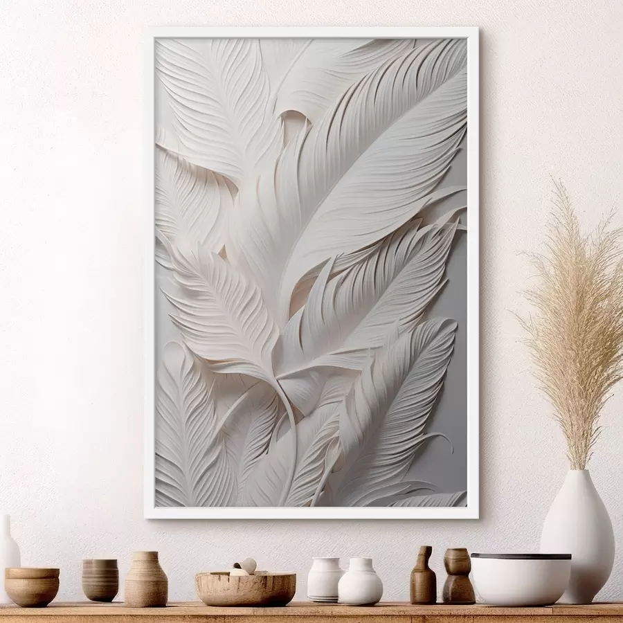Fotobehang Witte bladeren met gedetailleerde patronen, die een gestructureerd en gelaagd effect creëren, minimalistische kunst f46706