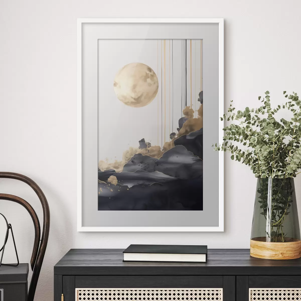 Poster Een volle maan met zwarte en gestructureerde gele wolken, verticale lijnen, abstracte stijl, minimalistisch en modern f46707