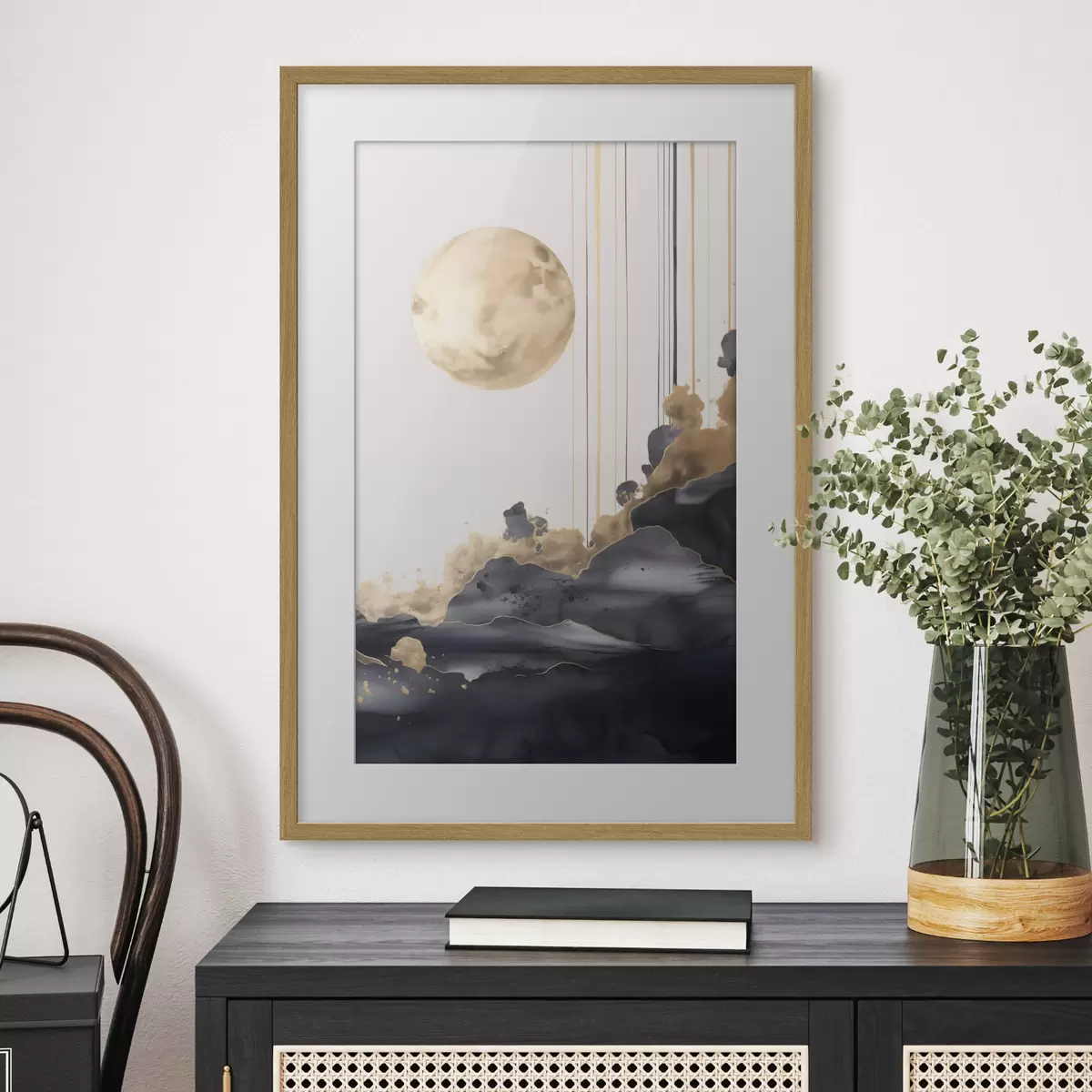 Poster Een volle maan met zwarte en gestructureerde gele wolken, verticale lijnen, abstracte stijl, minimalistisch en modern f46707