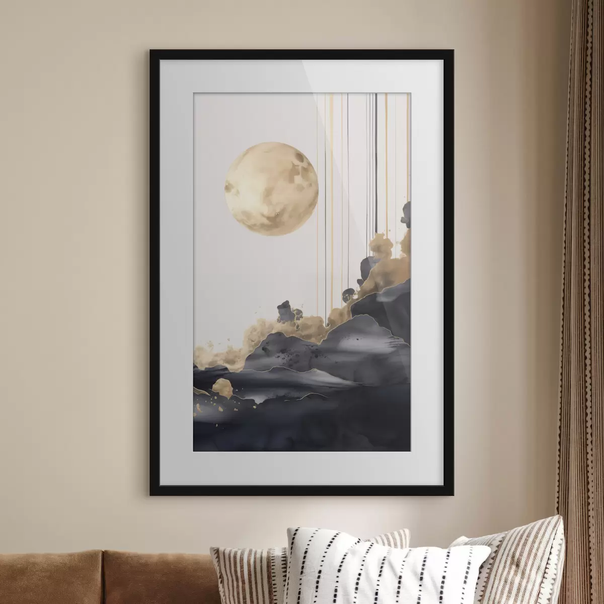 Poster Een volle maan met zwarte en gestructureerde gele wolken, verticale lijnen, abstracte stijl, minimalistisch en modern f46707