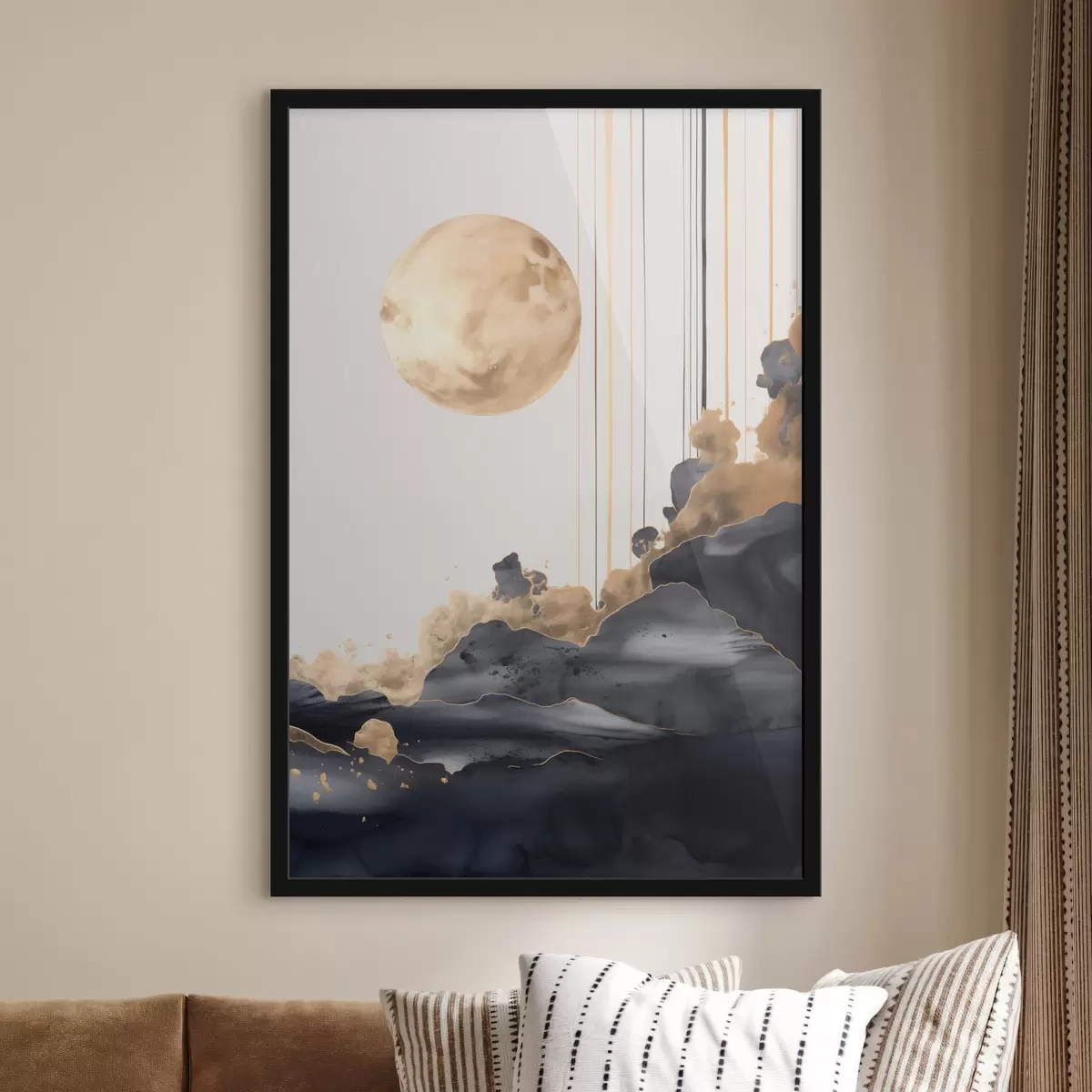 Poster Een volle maan met zwarte en gestructureerde gele wolken, verticale lijnen, abstracte stijl, minimalistisch en modern f46707