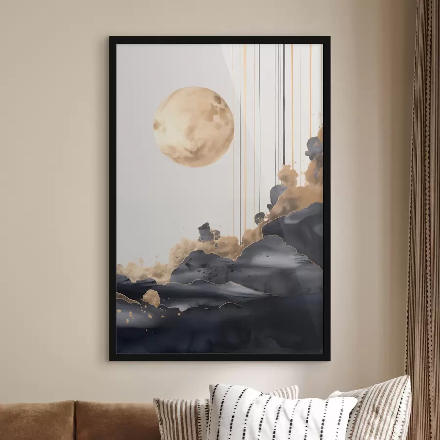 Fotobehang Een volle maan met zwarte en gestructureerde gele wolken, verticale lijnen, abstracte stijl, minimalistisch en modern f46707