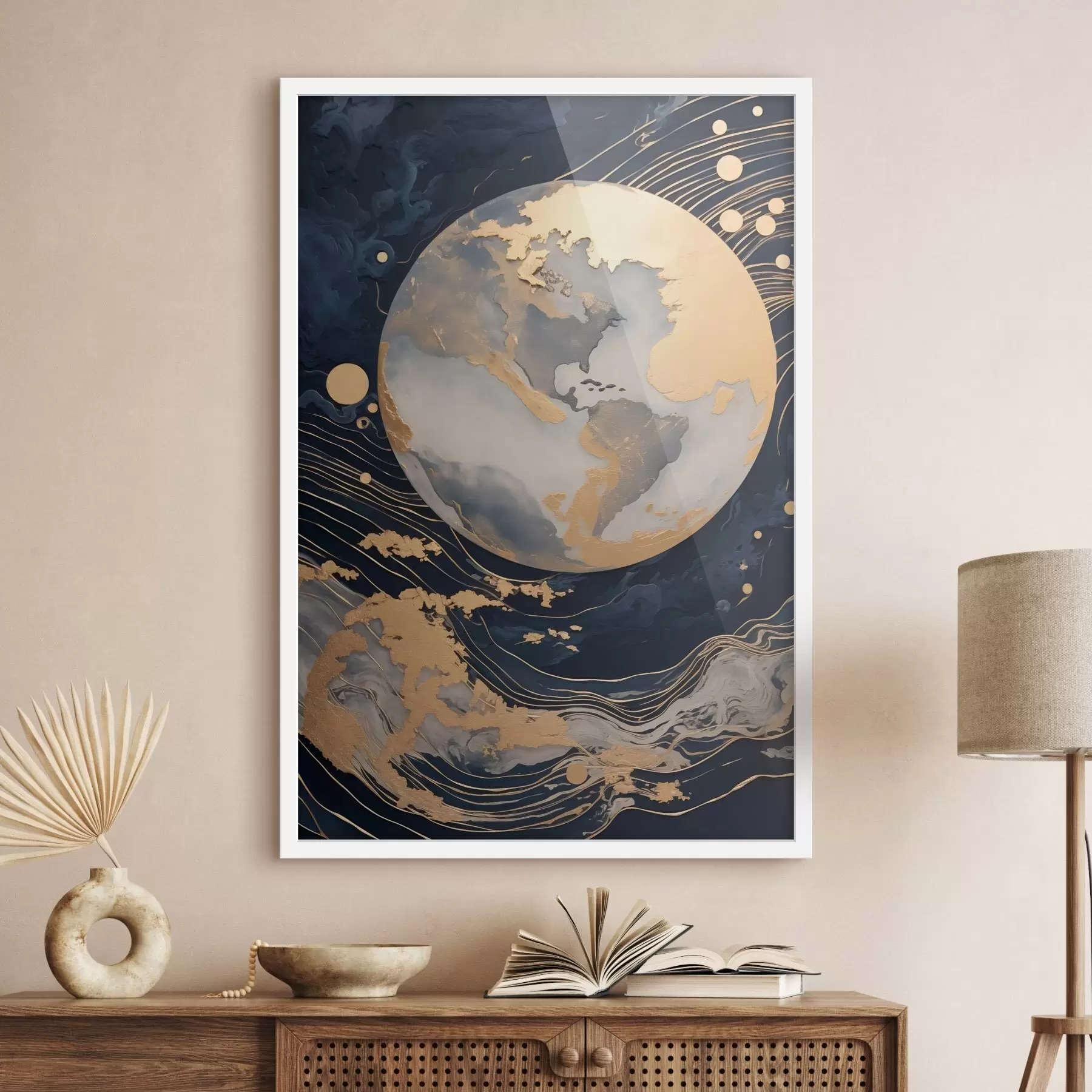 Fotobehang Getextureerde decoratieve planeet met gele lijnen op de achtergrond, gele stippen op de achtergrond, donkere achtergrond f46708